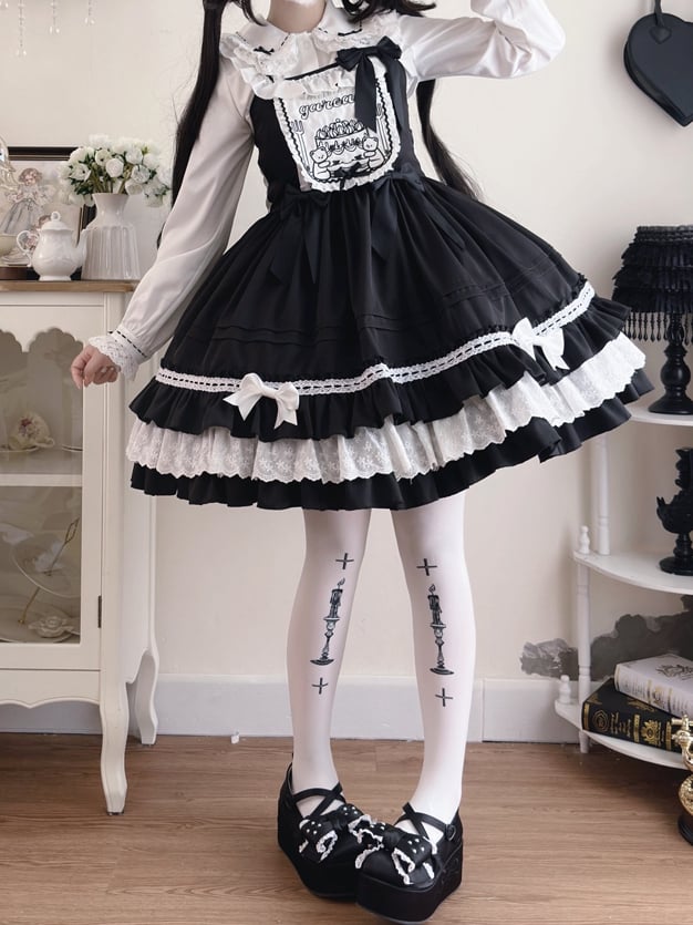 Süßes schwarzes Lolita-Kleid mit Teddy-Stickerei-Mieder