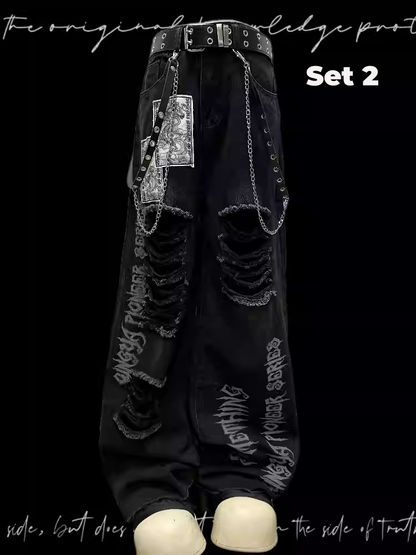 Schwarz Punk Print Dragon Holes Saum Jeans Distressed Applikationen Raw