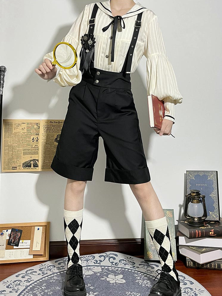 Ouji mit Aprikosen-Langshorts, gerades Bein, modische Schulter + Kragen, Lolita-Outfit-Träger, Matrosenärmel-Shirt – Schwarz