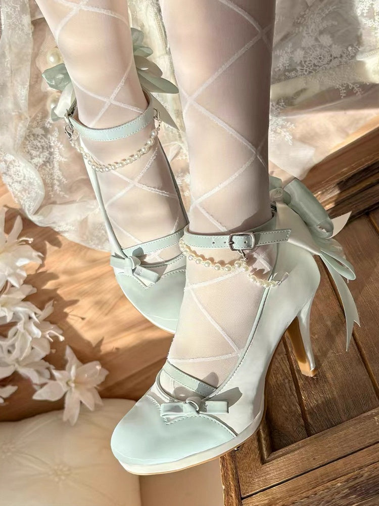 Green for Chain Lolita and with Charm Lace Back Beaded Elegant White Mid/High Trim Detachable Heels Bow Accent