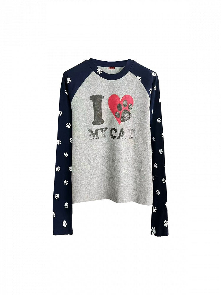Gray & Black Cat Paw Print Round Neck Long Sleeve Top - DETW OnLine