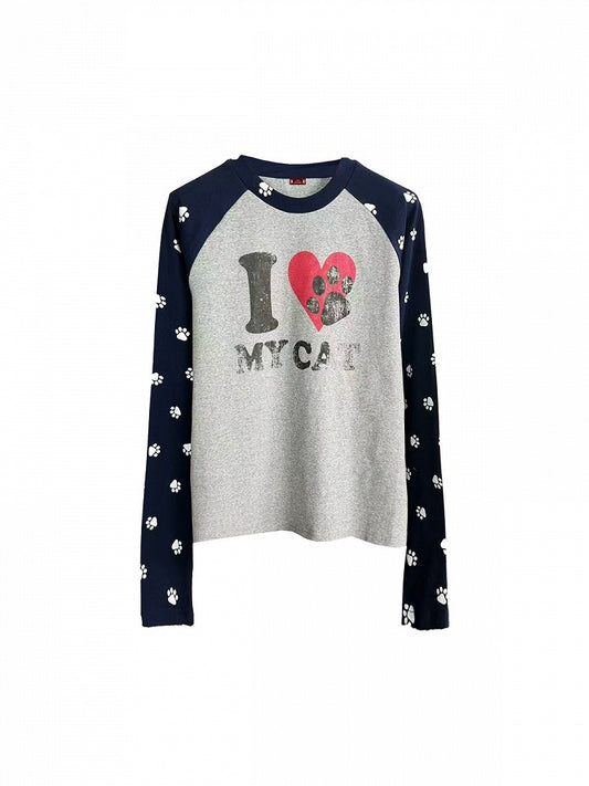 Gray & Black Cat Paw Print Round Neck Long Sleeve Top - DETW OnLine