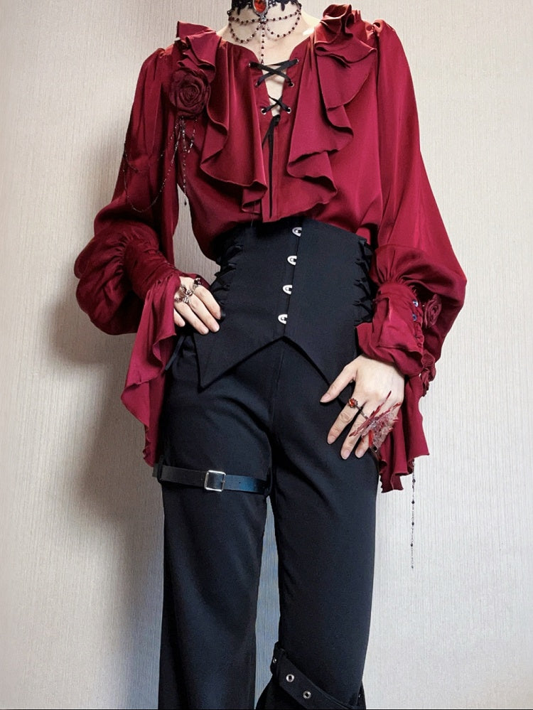 Crimson Poet Shirt with Floral Pins and Chain Accents - Shi Zhi Mao