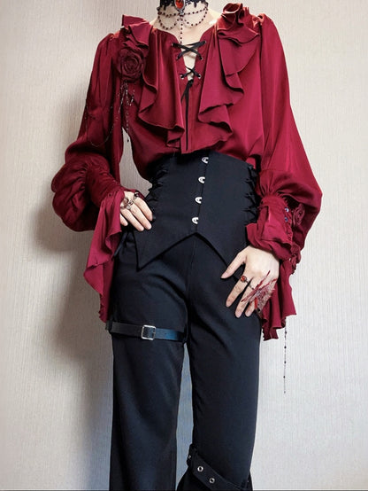Crimson Poet Shirt with Floral Pins and Chain Accents - Shi Zhi Mao