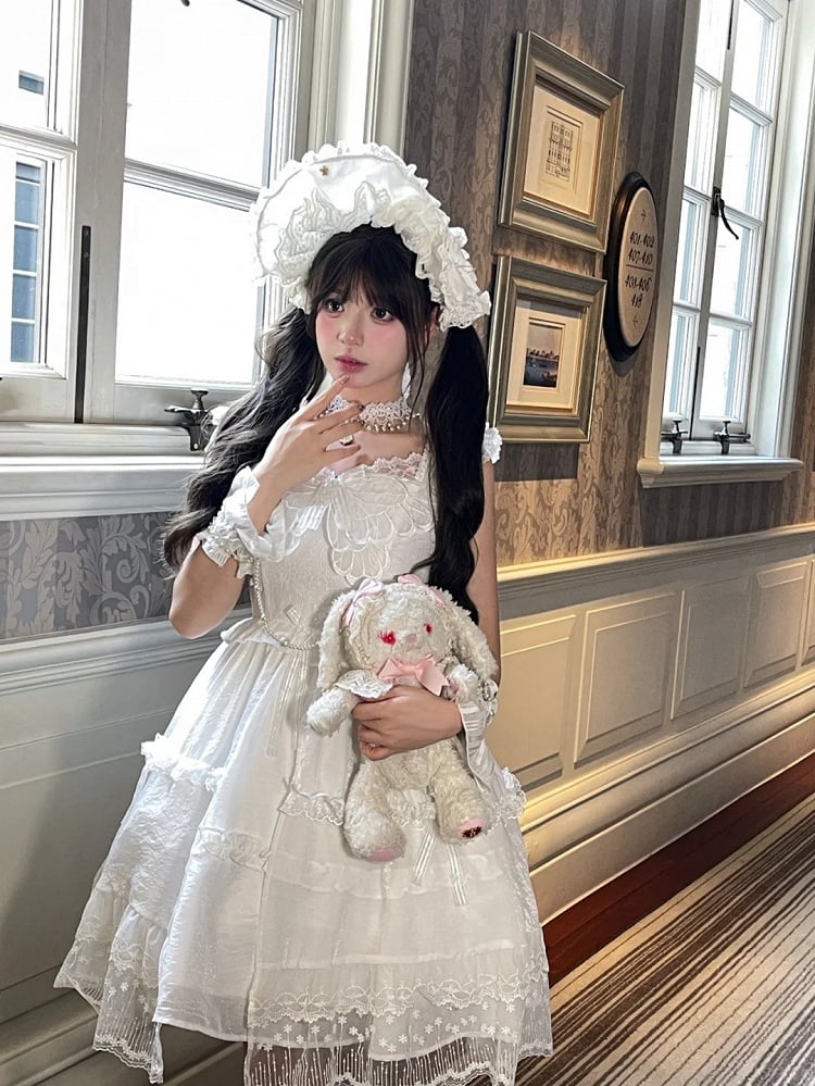 Lace Ruffled Trim Lolita JSK White Flutter Sleeves Butterfly Accent