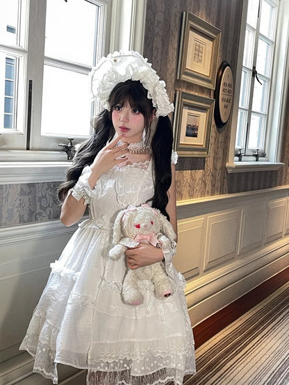 Ruffled White Flutter Sleeves Butterfly Accent Lace Trim Lolita JSK