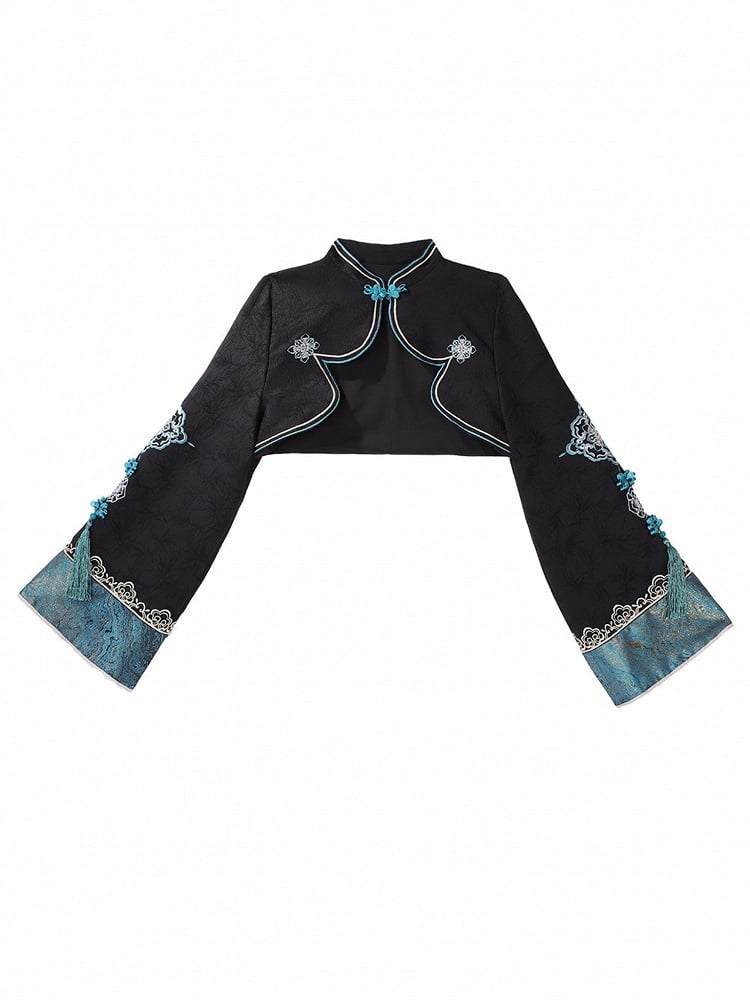 Black Cyan Mandarin Collar Embroidered Han Bolero with Tassels - Unknown Star