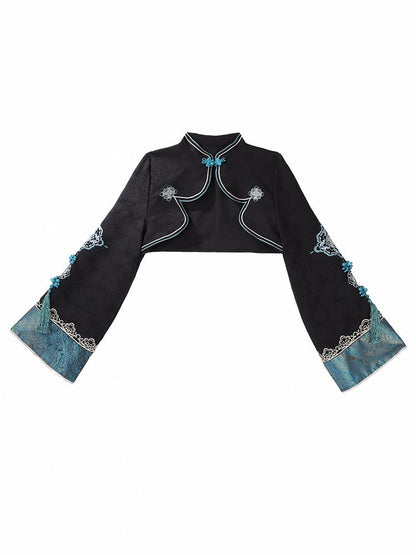 Black Cyan Mandarin Collar Embroidered Han Bolero with Tassels - Unknown Star
