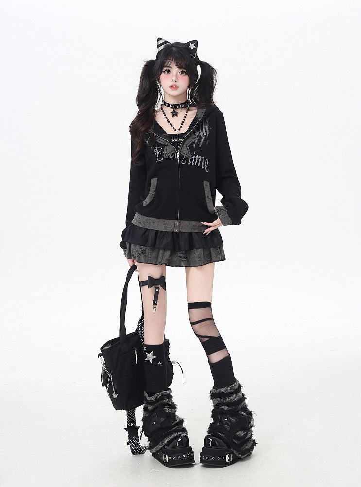 Y2K Schwarze Distressed Holes Kapuzenjacke mit Reißverschluss