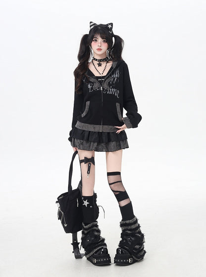 Y2K Schwarze Distressed Holes Kapuzenjacke mit Reißverschluss