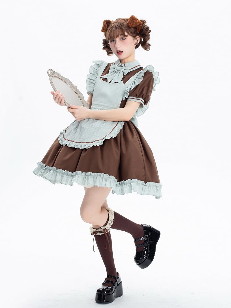 Dress Puff Short Lolita Sleeves Brown Kitty Mint Green + Maid and Apron