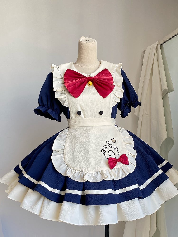 Robe tablier bleu foncé Sweet Maid Lolita à motif pattes de chat
