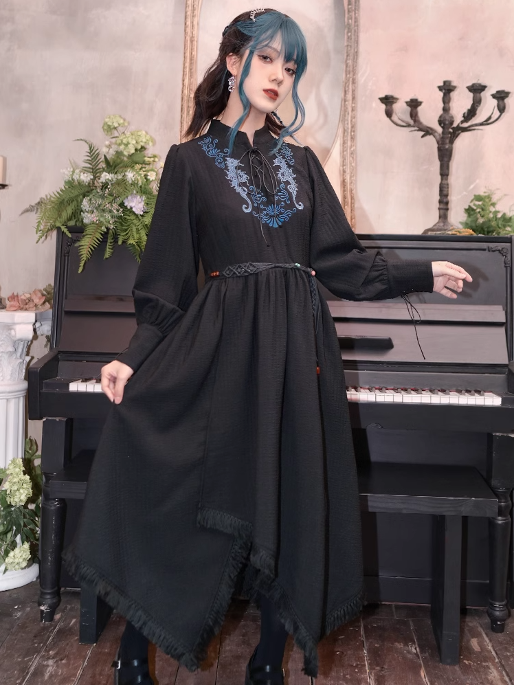 Seahorse with Style Embroidery Black Cheongsam Dress Hem Detail at Lace-up Tassel Front Blue