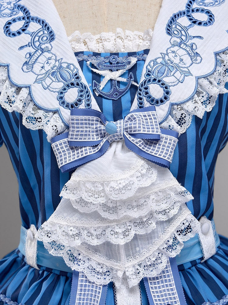 Blue Sailor Bear Embroidered Striped Top with Lace - Twin Bear Original Design