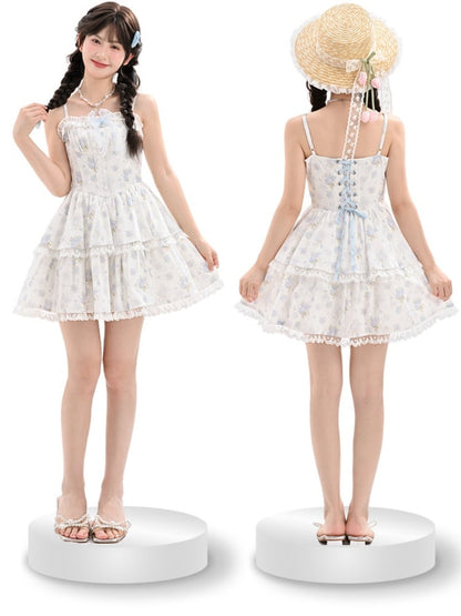 Skirt Short Floral Back Cami Dress Lace-up Version Light Blue Lace Trim Tiered with