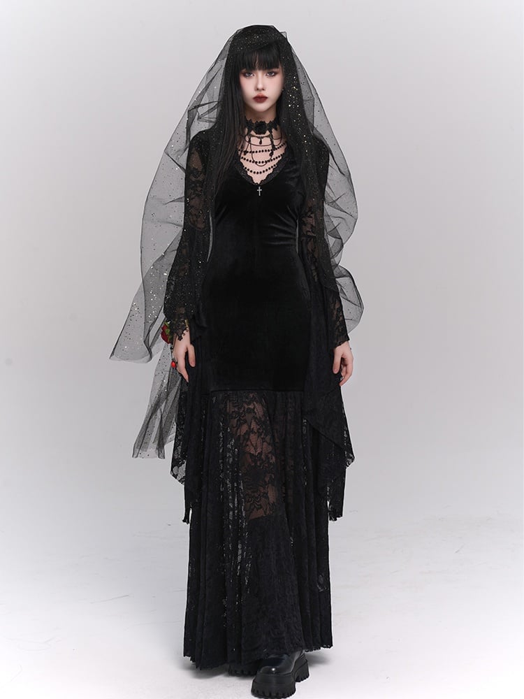 Gothic Black Velvet Bell Sleeves V-Neck Lace Dress