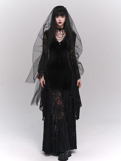 Gothic Black Velvet Bell Sleeves V-Neck Lace Dress