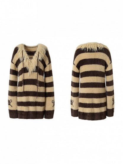 Sweater Vintage Faux Lacing Distressed Collar with Long Striped Yellow Crisscross Brown Punk Mink