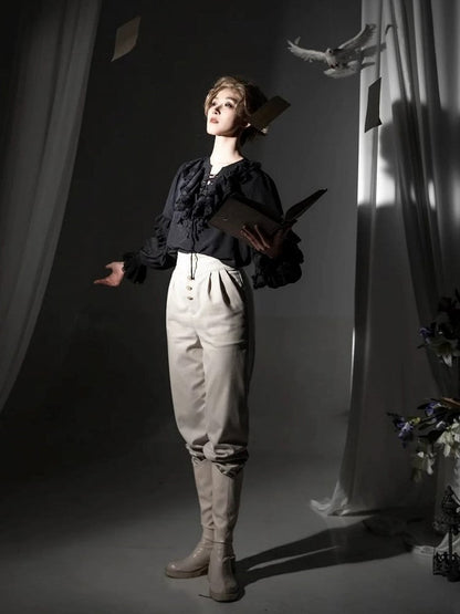 Button Ouji High-Waisted Lolita Details with Pants Beige