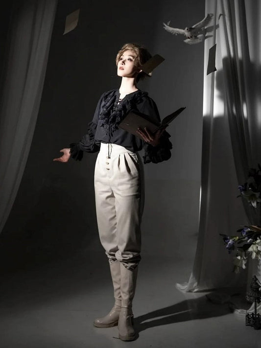 Button Ouji High-Waisted Lolita Details with Pants Beige