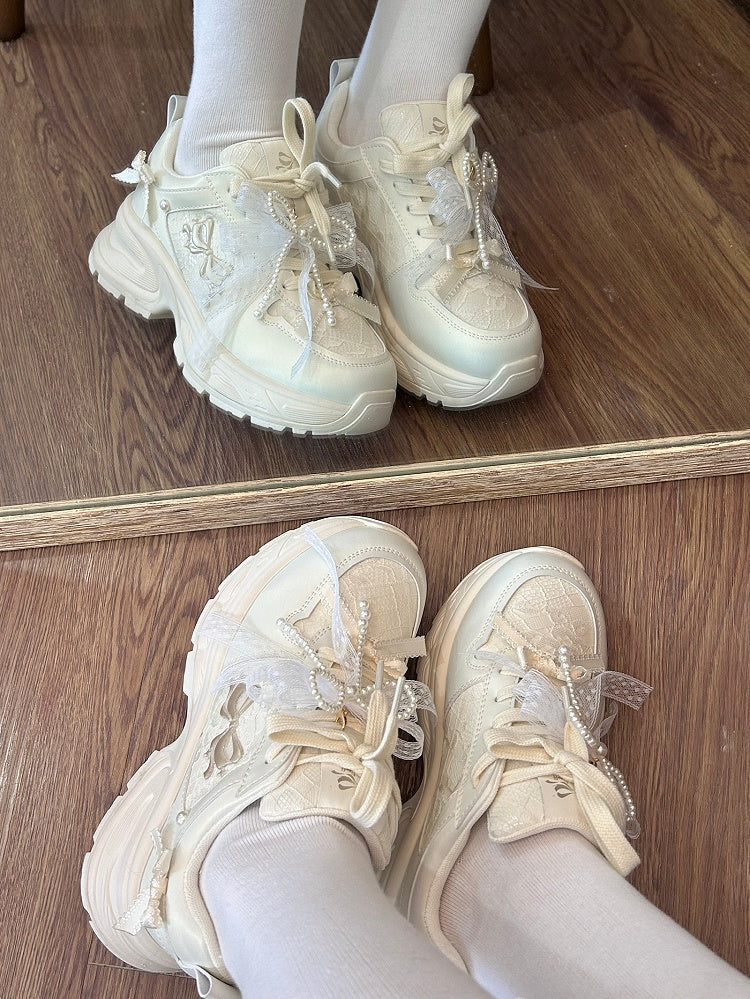 Bowknot Details Lace-up Front Ties White Beaded Decorated Sneakers