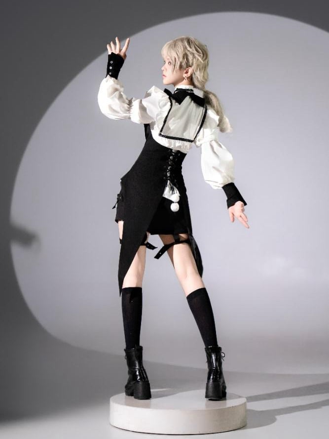 and Prince Lolita Waistcoat Garters - Outfit Ouji Gothic + Bowtie Black Tailcoat with White Shorts Shirt