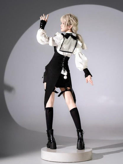Gothic Tailcoat Fashion Black with Pompoms Waistcoat Lace-up at Back Ouji