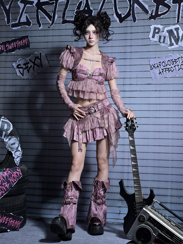 Peplum Y2K Cami Detachable with Sequin Butterfly Crop Punk Pink Rhinestone Pastel