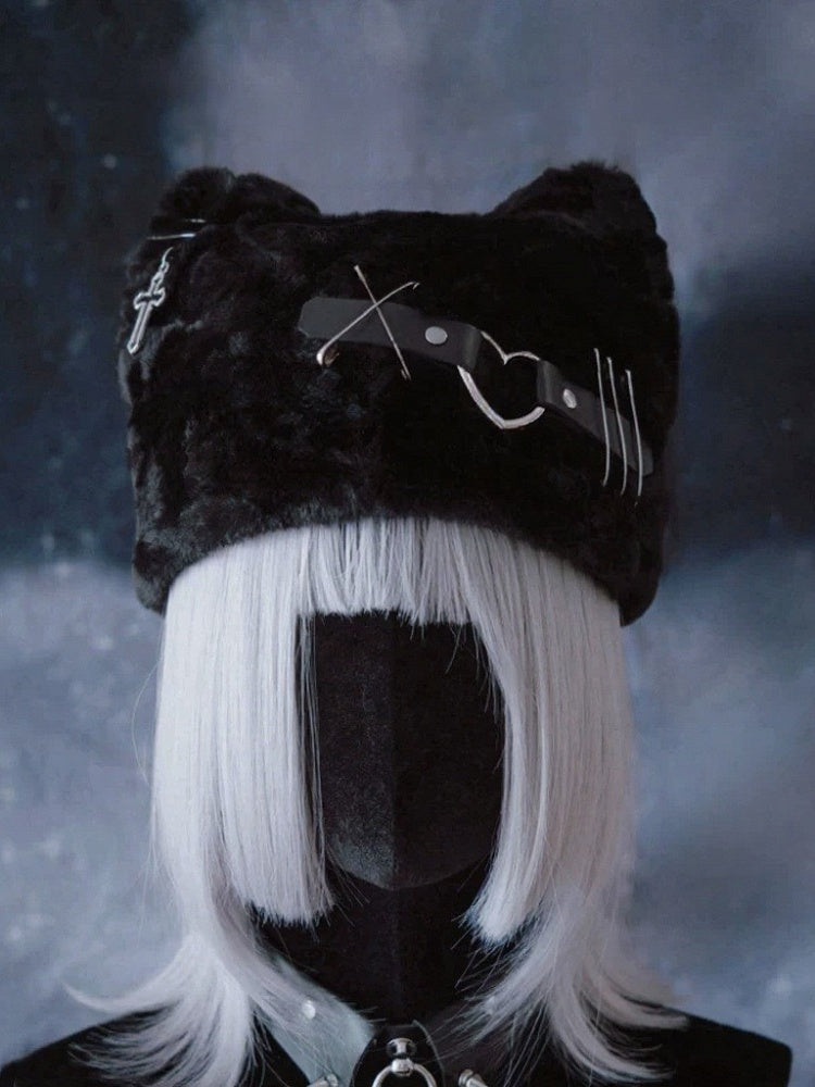 Black Punk Plush Cat Ear Hat with Metal Buckle - Strange Sugar