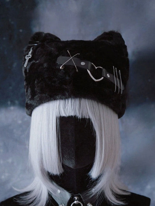 Black Punk Plush Cat Ear Hat with Metal Buckle - Strange Sugar