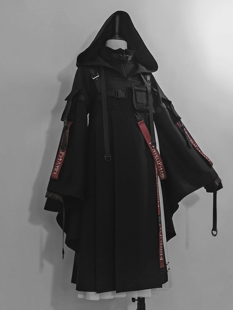 バックルフード付きロリータテックウェア王子ストラップジャケット ブラック