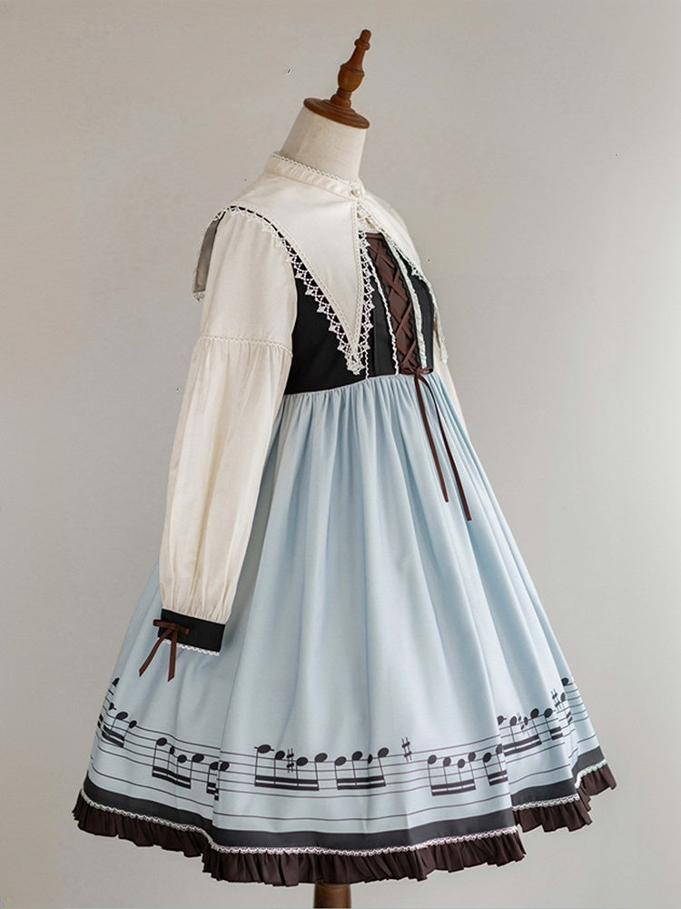 Musical Note Blue Autumn Lolita Long Sleeves Dress with Separate Pointed Collar