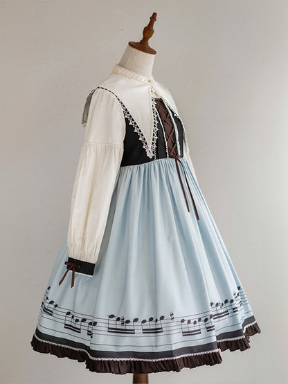 Musical Note Blue Autumn Lolita Long Sleeves Dress with Separate Pointed Collar