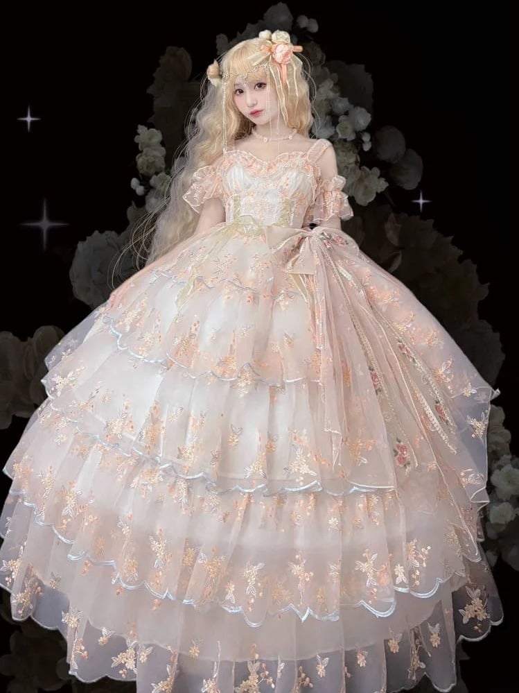 Wrist Full Painting-Inspired Apricot Lolita Skirt + Set Short Elegant Embroidered Cuffs Hanayome JSK - Oil Extension Large Floral Dress White Bow Brooch