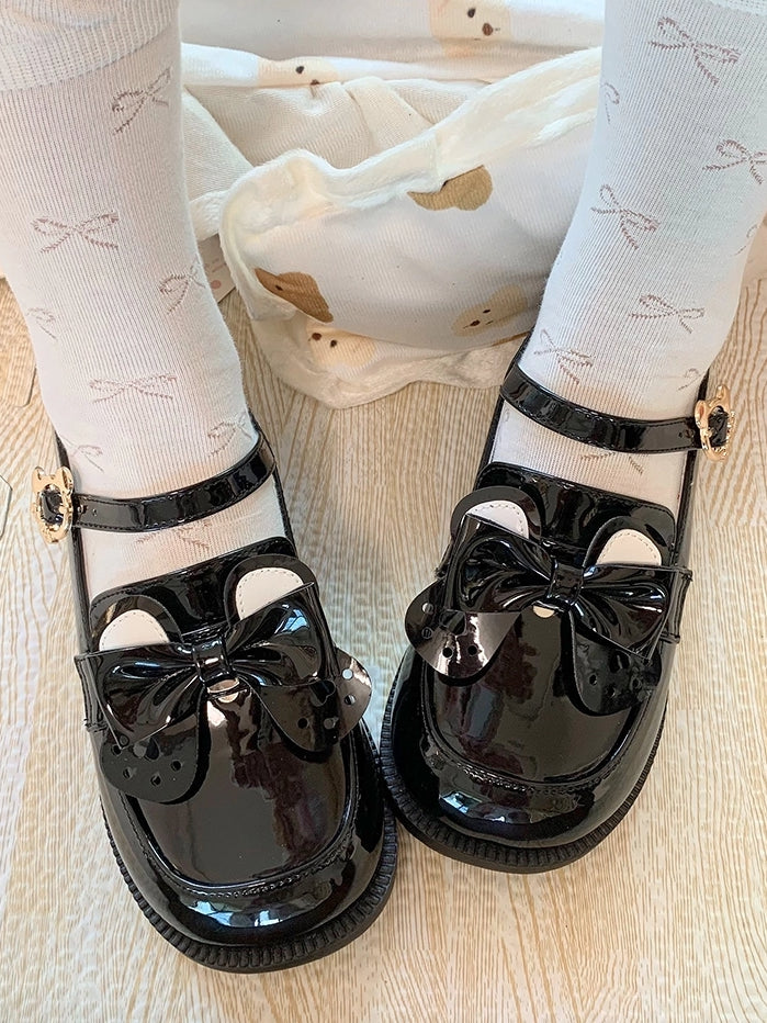 Bear PU Ear Detachable JK - Buckle with Academic Polished Style Shoes Low Bow Heel Black