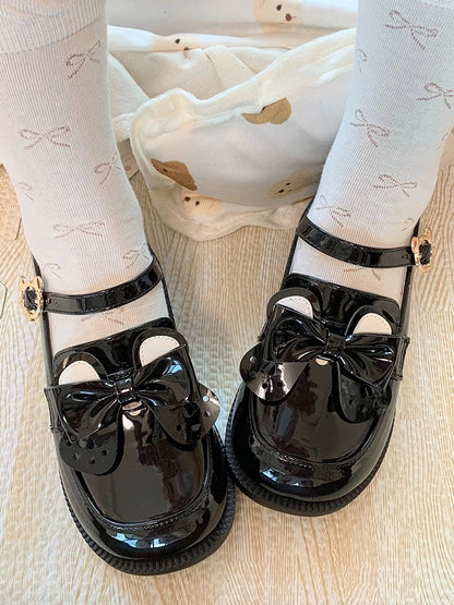 Bear PU Ear Detachable JK - Buckle with Academic Polished Style Shoes Low Bow Heel Black