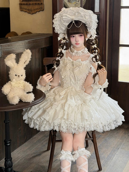 White Ballet Style Lace Ruffle Lolita JSK Dress with Bead Chain Bow Details - White Sugar Girl
