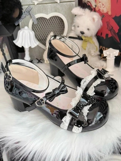 Black Butterfly Bow Round Toe Lolita Mary Jane Strap Heels - MUMA Lolita