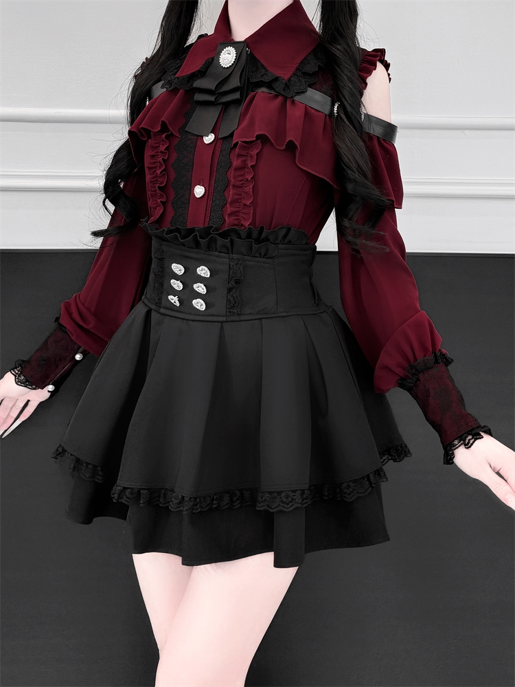 Blouse Ruffle Jirai Cutout With Red Kei Bow Rhinestone Long-Sleeve Dark Trim Lace Shoulder