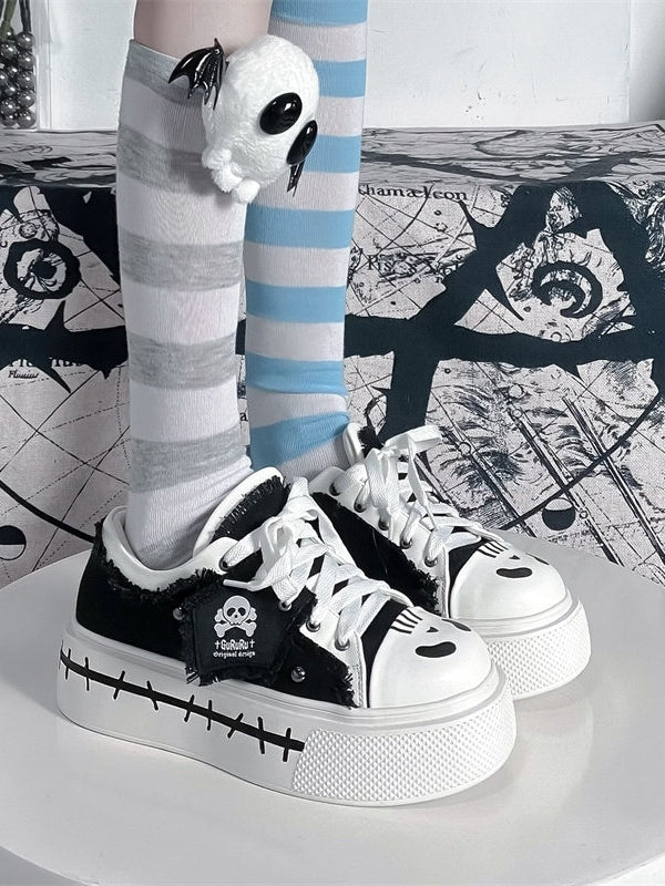 with Lace-up Sneakers White Flag Closure Black Ghost Y2K