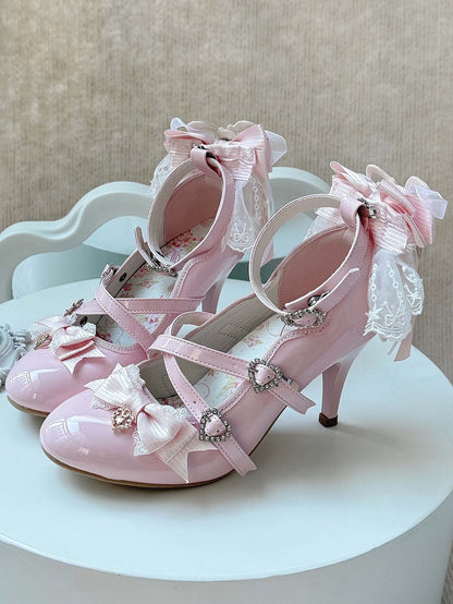 Leichte, elegante Lolita-Absätze aus Leder mit rosa Schleifen aus PU