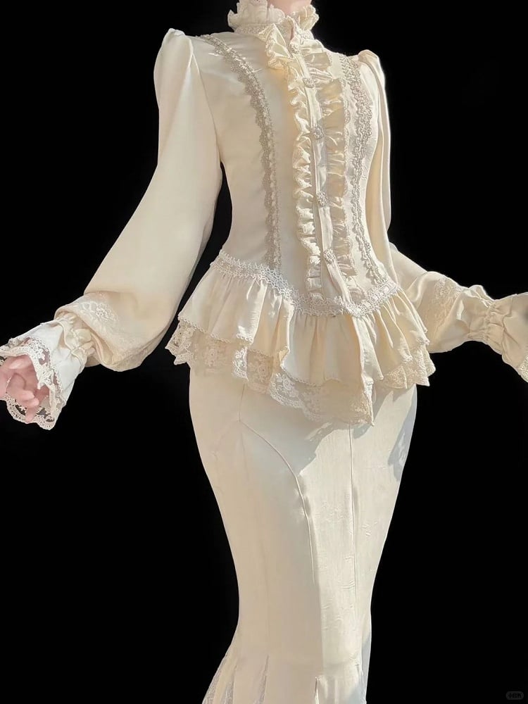 Trim Long Sleeves Ruffled Apricot Lace Classic Elegant with Lolita Blouse