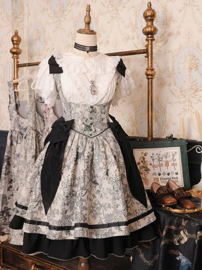 Basque Lolita Bust Jumper Skirt Under Waist Straps Shoulder Green Bowknot