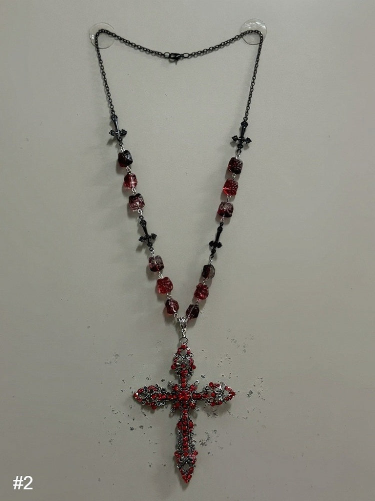 Red Gothic Cross Necklace with Rhinestones - Boobi Shop