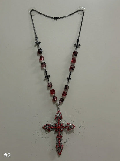 Red Gothic Cross Necklace with Rhinestones - Boobi Shop