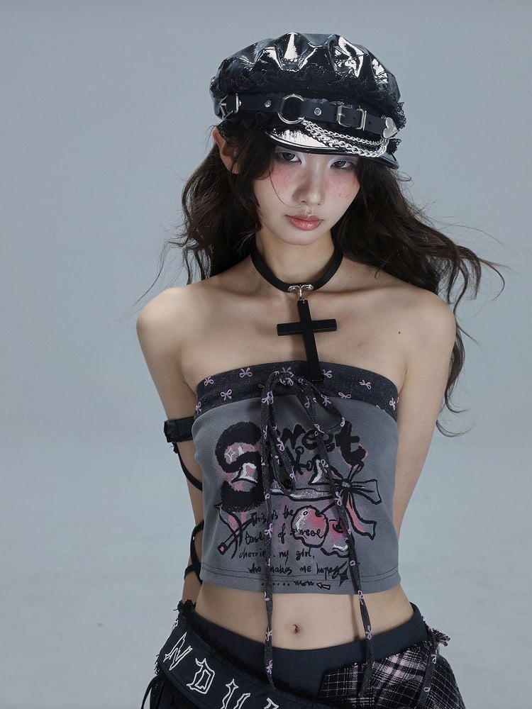 Bow Crop Punk Strapless Ties with Cherry Gray Top Patchwork Print