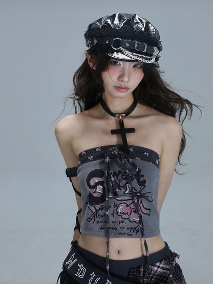 Bow Crop Punk Strapless Ties with Cherry Gray Top Patchwork Print