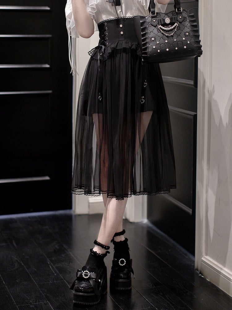 Black Lace-up High Waist Skirt Jirai Kei Style with Mesh Overlay