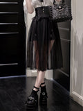 Black Lace-up High Waist Skirt Jirai Kei Style with Mesh Overlay