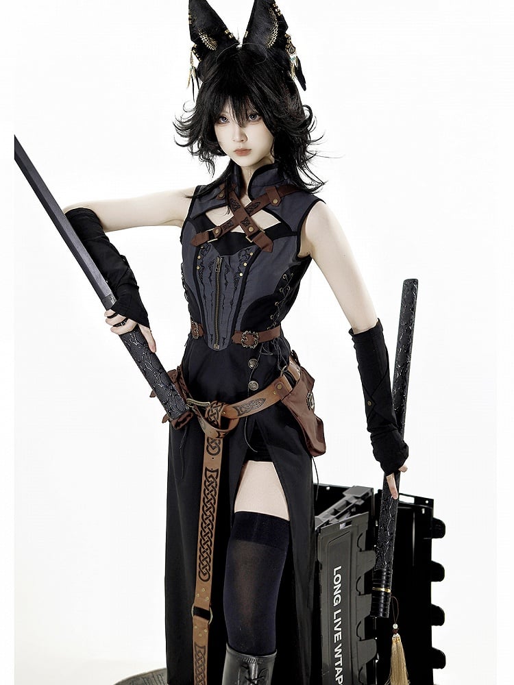 Side Collar and Buckle Straps Dress Sleeveless Banded Black Gray Crisscross Slit